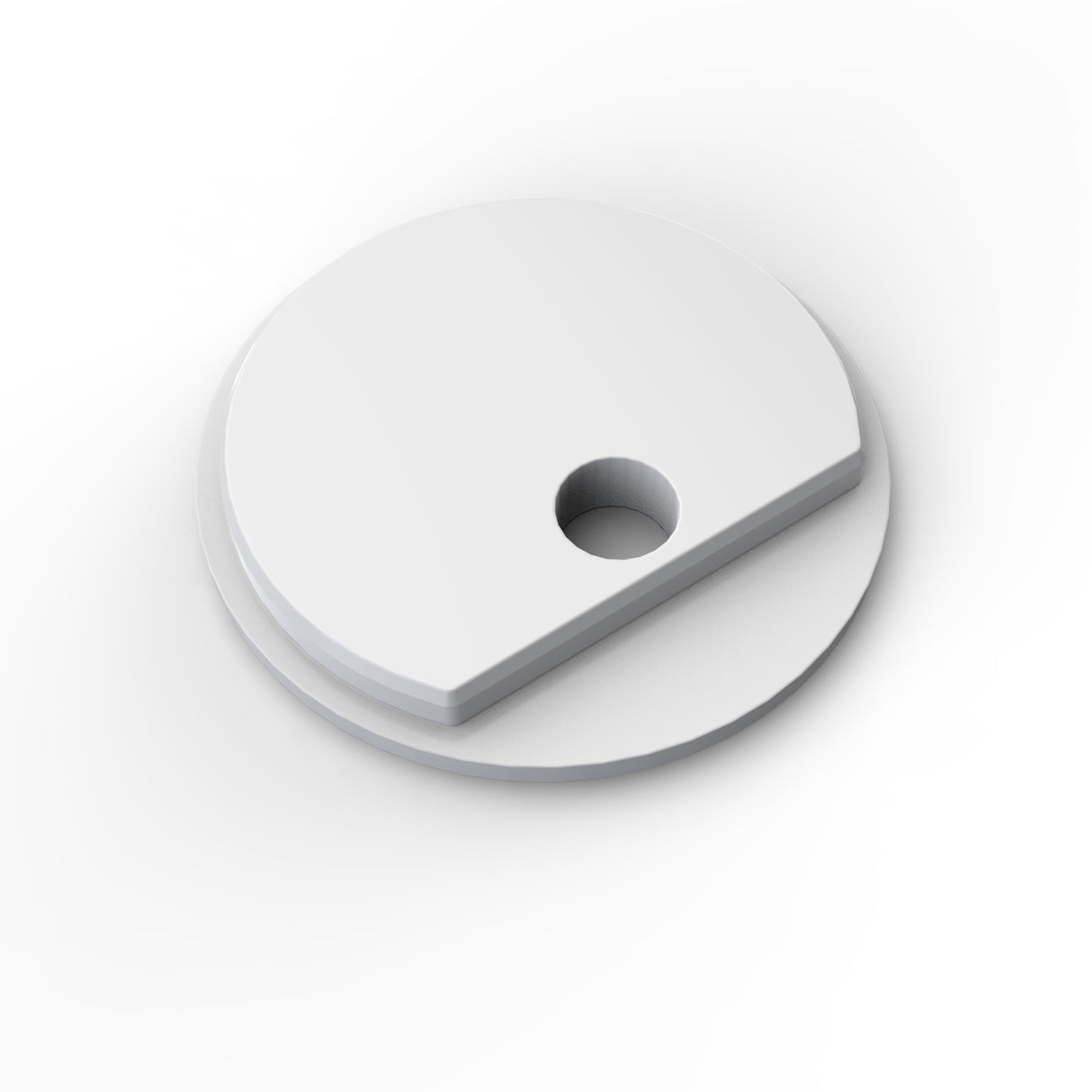 A Plastic End Cap for Cascade38 Profile—white, round acrylic with a segment cut out and a circular hole near the straight edge—rests atop a slightly larger, solid white disk.