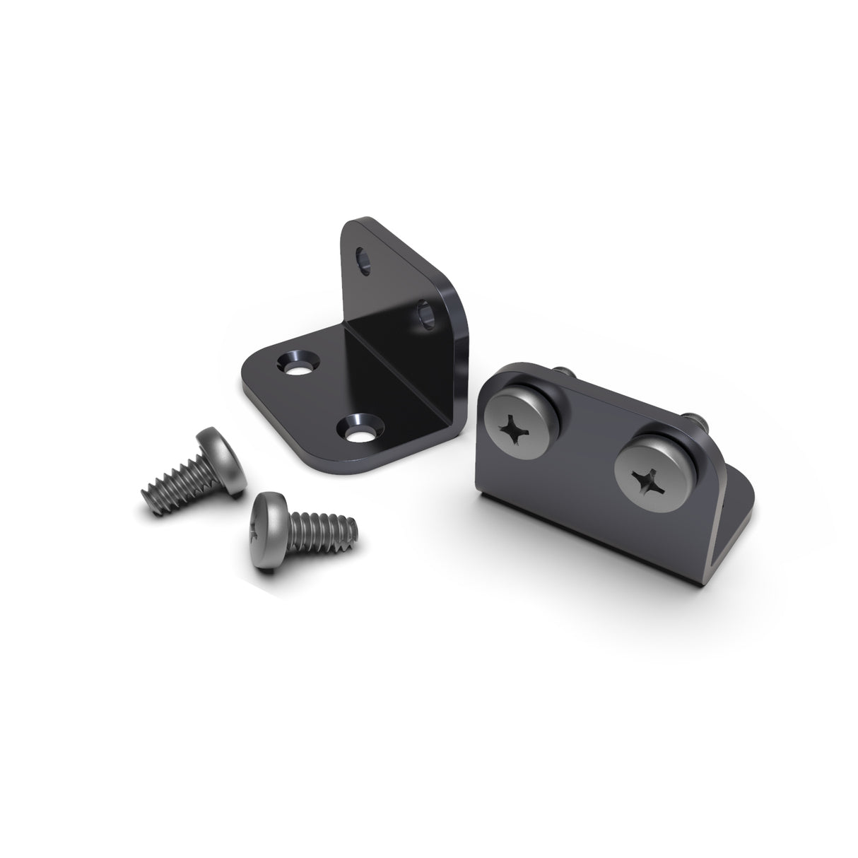A 3D-rendered image of two black anodized Surface Mounting Brackets for Large Tube Profiles with four screws—two installed in one bracket—shown on a white background, ideal for secure surface mounting.