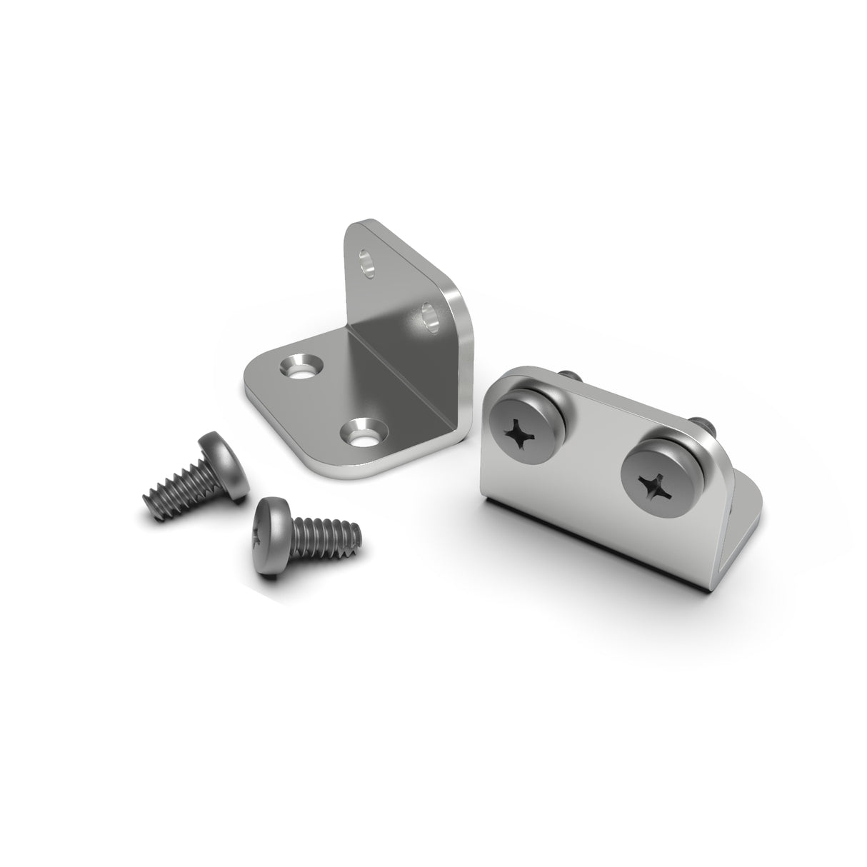 A 3D rendering of the Surface Mounting Bracket for Large Tube Profiles in anodized aluminum, featuring two L-shaped brackets with rounded edges and screws, displayed on a white background for easy surface mounting.