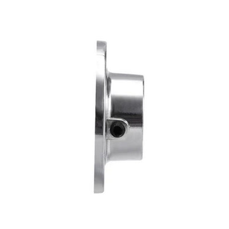 A side view of a Closet Installation Mounting Bracket for Alu-Round Profile with a flange and small screw, metallic and shiny, likely used for closet assembly, shown isolated on a white background.