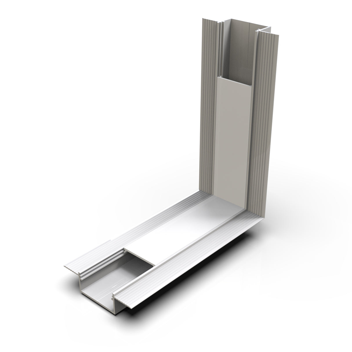 A 3D rendering of the 90 Degree Connector for Vario30-04 Profile, a metallic, L-shaped component with multiple grooves for corner LED channel connections in door or window installations, shown on a white background.