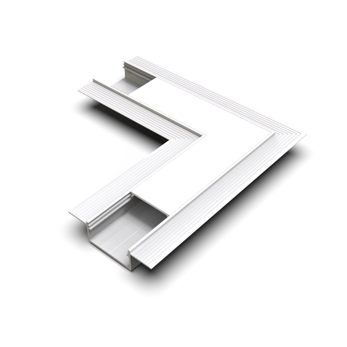 A 3D rendered image of the 90 Degree Connector for Vario30-04 Profile, a white L-shaped architectural molding with grooved edges, shown against a plain white background and featuring a cutaway to display its internal profile.