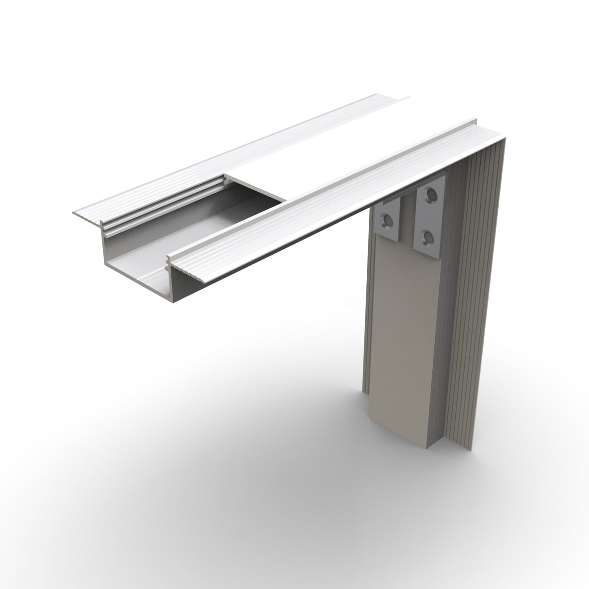 3D render of a 90 Degree Connector for Vario30-04 Profile joining a horizontal rail to a vertical post with bolts and bracket, forming a corner aluminum extrusion frame on a white background.