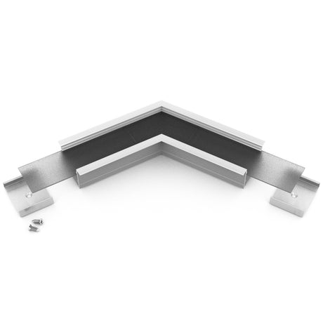 A 120 Degree Corner Connector for Vario30-07 Profile in silver, V-shaped metal with two screws, features a right-angle bend and flat mounting surfaces at each end; photographed on a white background.