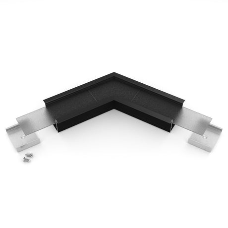 A black 120 Degree Corner Connector for Vario30-07 Profile with silver mounting brackets and screws is shown on a white background.