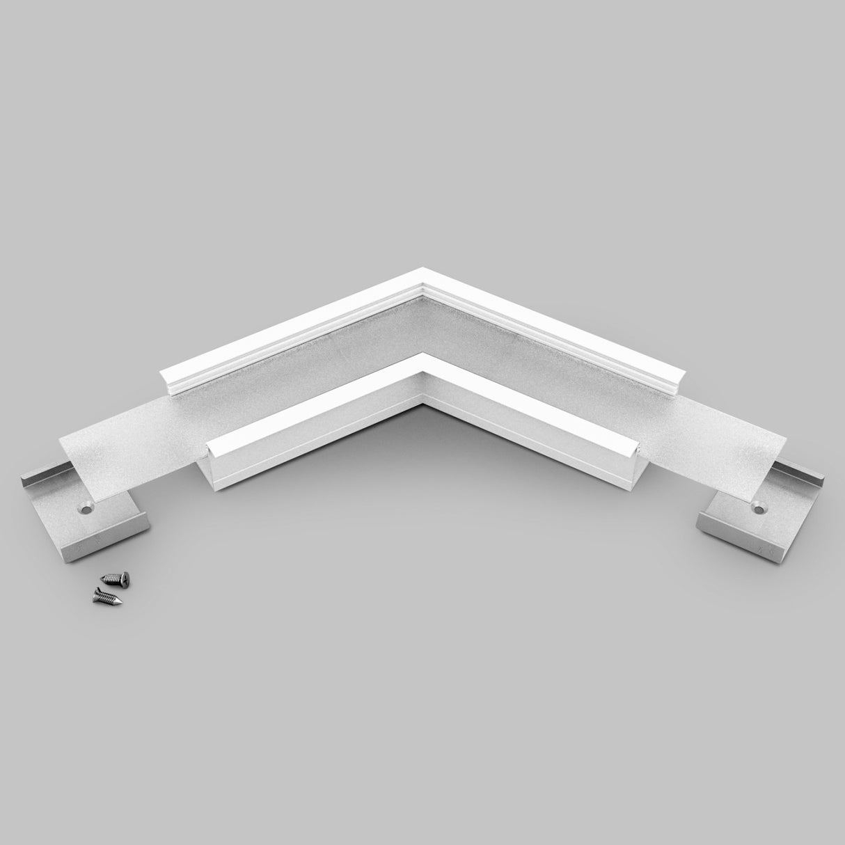 120 Degree Corner Connector for Vario30-07 Profile shown on a plain gray background, featuring two screw holes at each end and three screws positioned beside it.