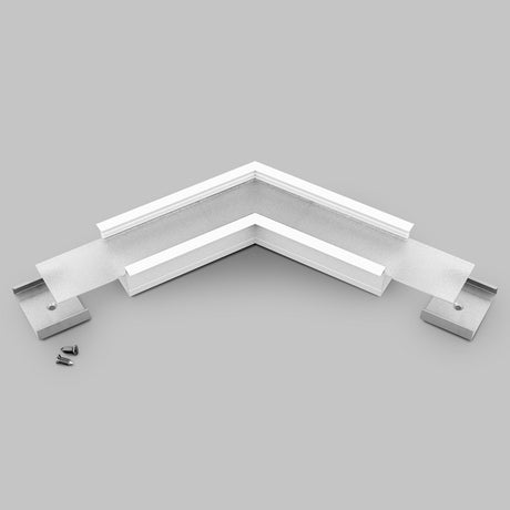 120 Degree Corner Connector for Vario30-07 Profile shown on a plain gray background, featuring two screw holes at each end and three screws positioned beside it.