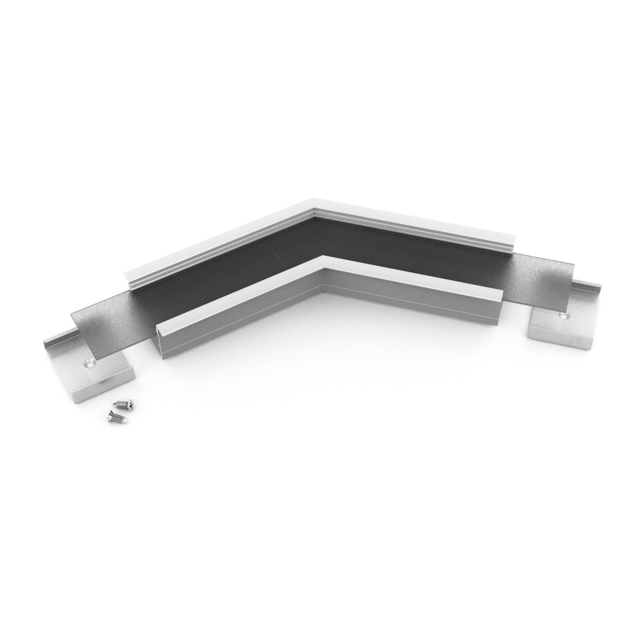 The 135 Degree Connector for Vario30-07 Profile is an aluminum corner piece with a black inner lining that connects two surfaces at an angle. Two screws are shown beside the connector on a white background.