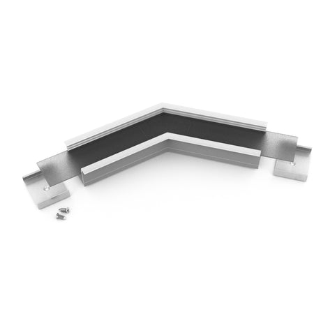 The 135 Degree Connector for Vario30-07 Profile is an aluminum corner piece with a black inner lining that connects two surfaces at an angle. Two screws are shown beside the connector on a white background.