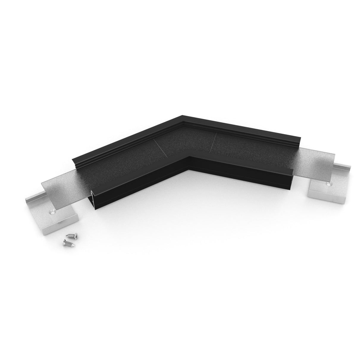 The 135 Degree Connector for Vario30-07 Profile has a black center bend with silver ends in a V shape. Two screws and anchors lie beside the left end, all shown on a white background.