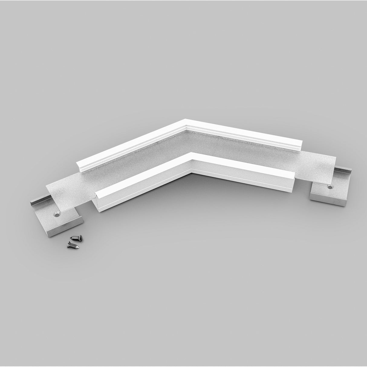 The 135 Degree Connector for Vario30-07 Profile, an angular aluminum corner piece with a white accent strip and two screws, is shown on a plain gray background.