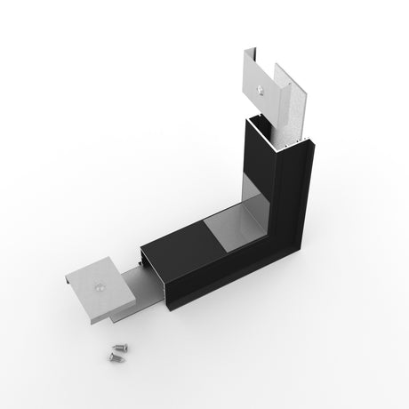 A 3D rendering of the 270 Degree Perpendicular Connector for Vario30-07 Profile, a black and silver aluminum L-shaped assembly with two silver end plates and three screws beside it, displayed on a white background.