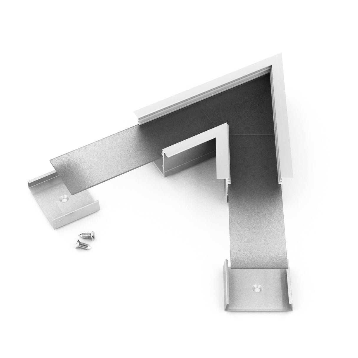 The 60 Degree Corner Connector for Vario30-07 Profile is a silver, L-shaped metal bracket with two screws and end caps, shown on a white background. Its flat, rectangular design is perfect for structural or mounting system connections.