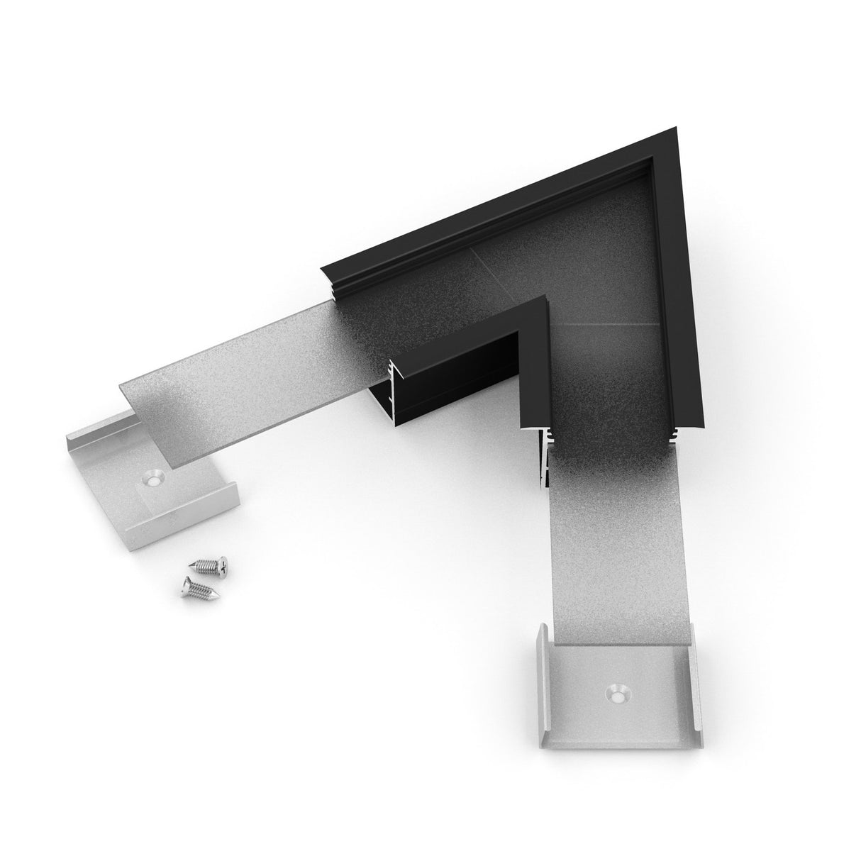The 60 Degree Corner Connector for Vario30-07 Profile features an L-shaped metal design with a black frame, two rectangular silver end plates, and two screws—perfect as a corner joint piece—all shown on a white background.