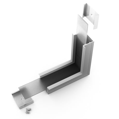 A 3D-rendered image of the 90 Degree Perpendicular Connector for Vario30-07 Profile, showing a metallic L-shaped bracket assembly with separate plates, two mounting pieces, and three screws on a white background.