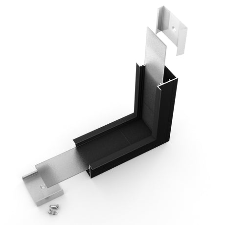A 3D rendering shows an exploded view of a metal frame corner assembly using the 90 Degree Perpendicular Connector for Vario30-07 Profile, with screws, panels, and connectors displayed apart on a white background.
