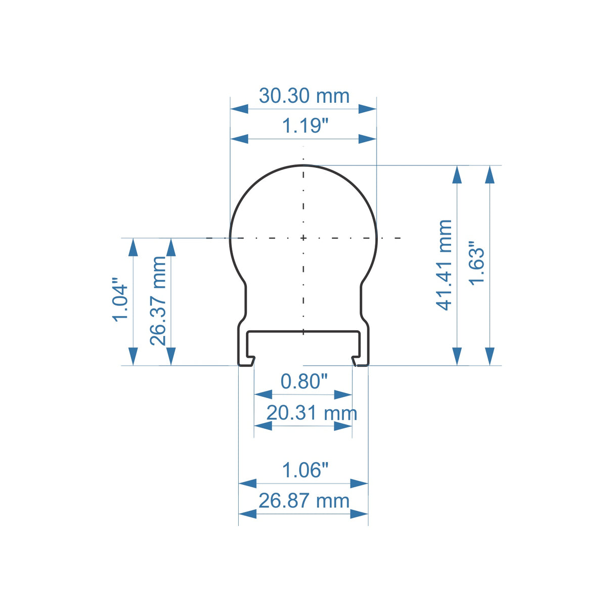 Technical drawing of the White Border Contour Tube Light ~ Hi-Lite 30 Field Adjustable, bulb-shaped with labeled dimensions: height 1.63 (41.41 mm), width 1.19 (30.30 mm), and other measurements—ideal for building illumination.