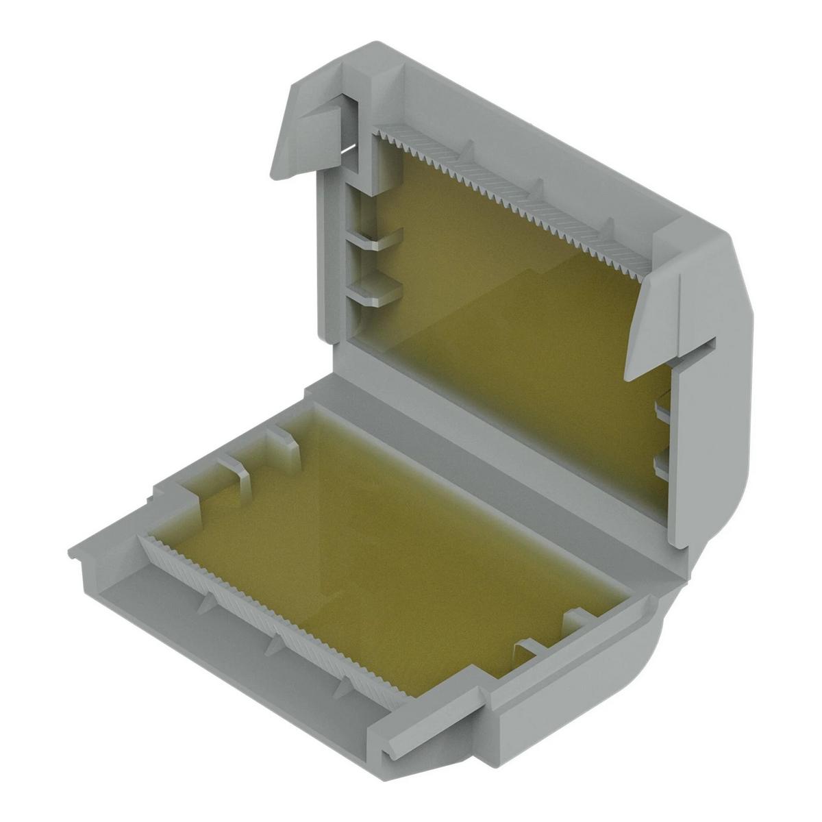 A gray plastic, rectangular Waterproof Sealing Gelbox for Wago 221 Splicing Lever-Nut Connectors with an open clamshell design, ridged edges, and yellow-brown interior—ideal for moisture protection.