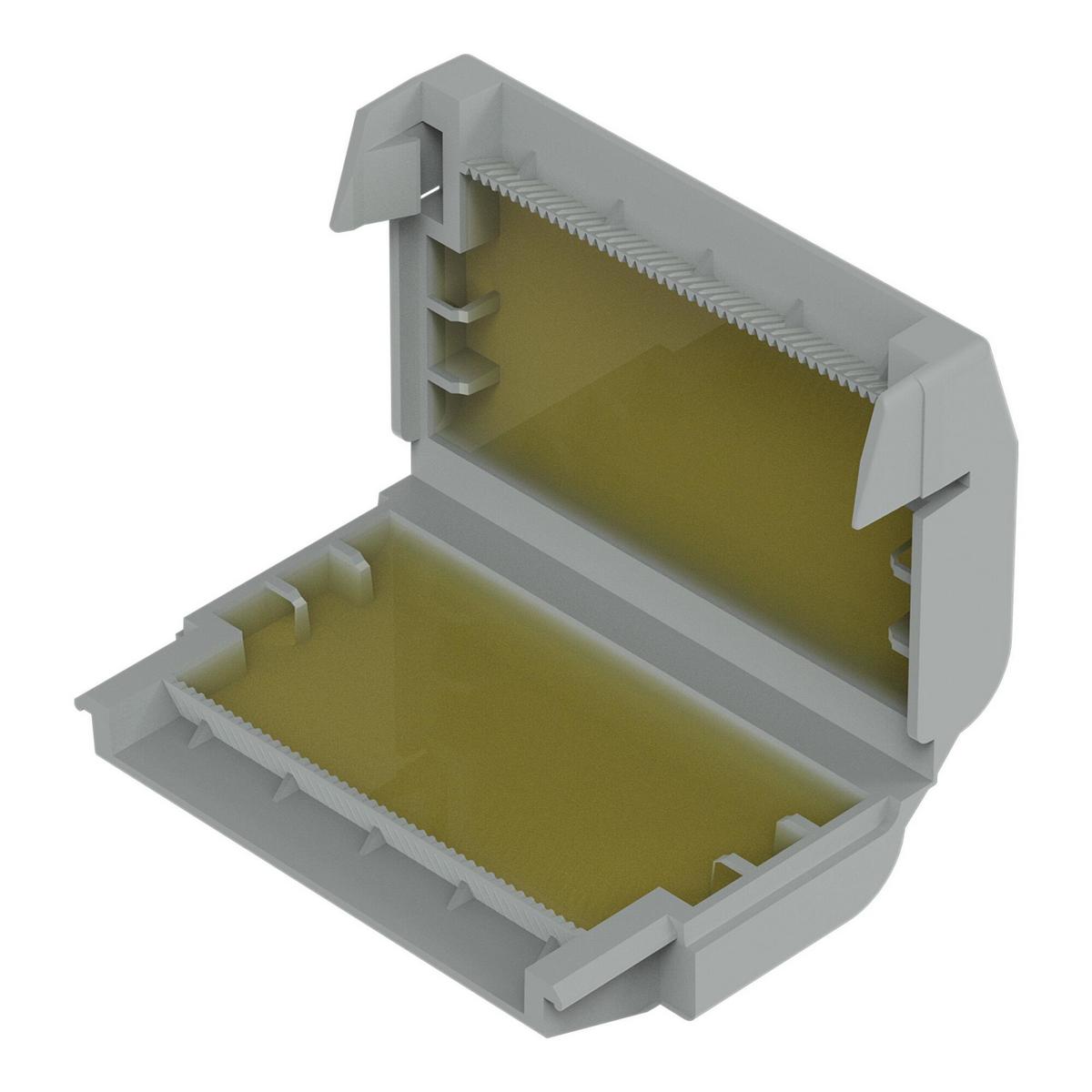 A 3D-rendered image of a gray, open rectangular plastic connector with serrated edges and a yellow interior, similar to parts used in the Waterproof Sealing Gelbox for Wago 221 Splicing Lever-Nut Connectors for moisture protection.