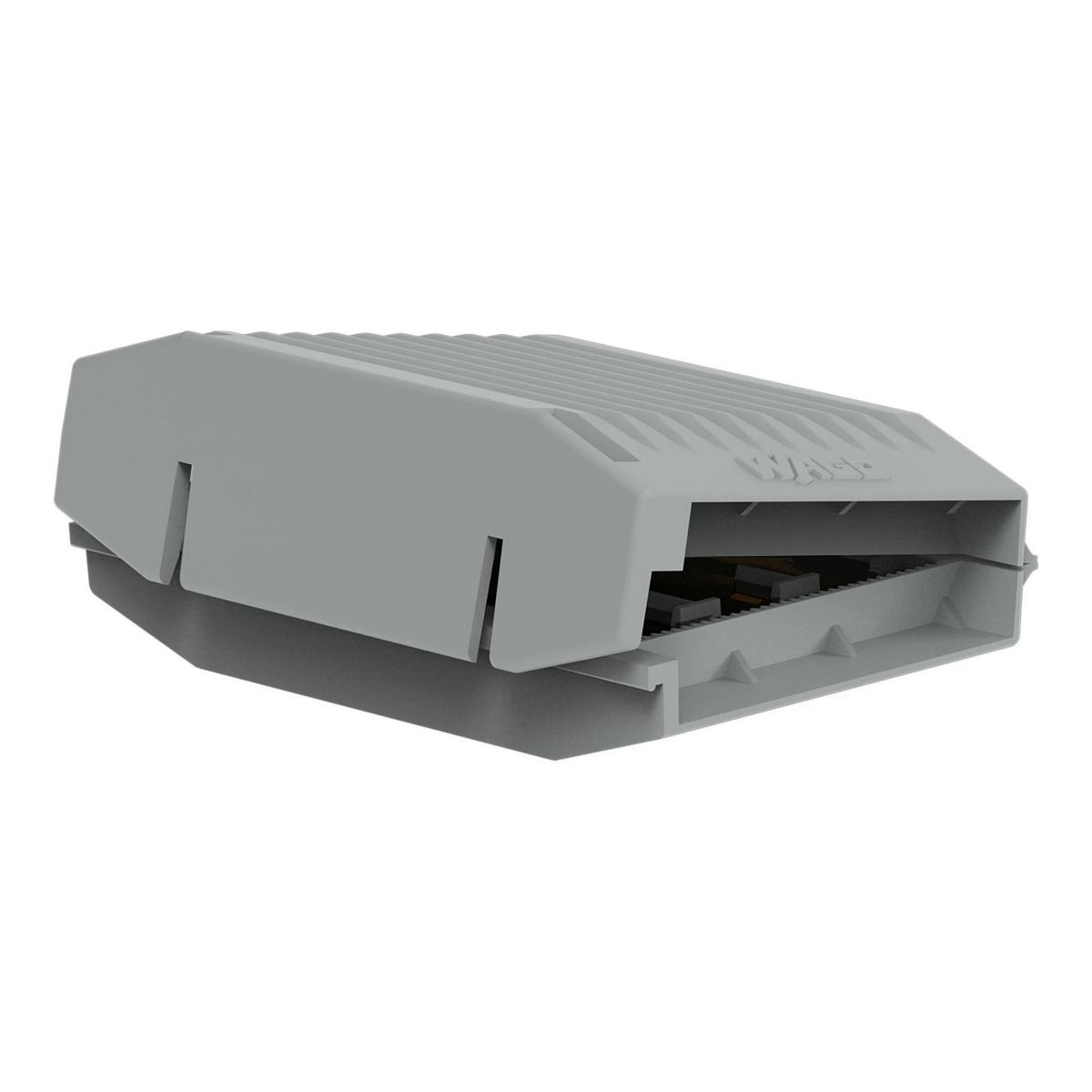 The Waterproof Sealing Gelbox for Wago 221 Inline Lever-Nut Connectors is a gray plastic enclosure with side vents and a ribbed top, featuring an open front slot for easy wiring—designed to keep connections secure and dry.