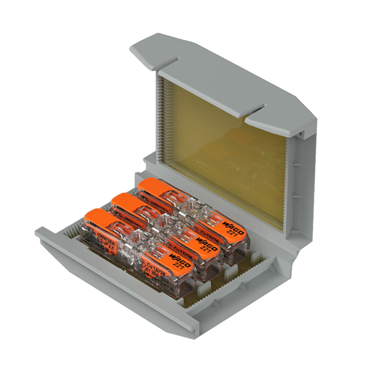 The Waterproof Sealing Gelbox for Wago 221 Inline Lever-Nut Connectors is a gray plastic, hinged-lid box holding four orange and transparent WAGO 221 connectors in a row, providing waterproof protection.