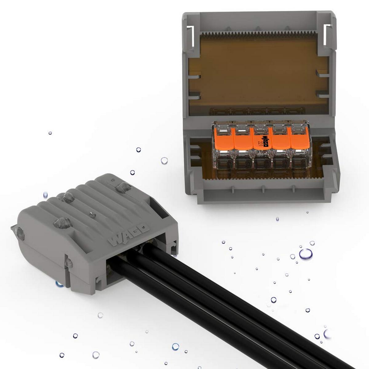A gray Wago 221 Splicing Lever-Nut Connector is shown with cables next to an open Waterproof Sealing Gelbox, revealing an orange and transparent wire splice inside. Water droplets highlight the Gelbox’s effective moisture protection.