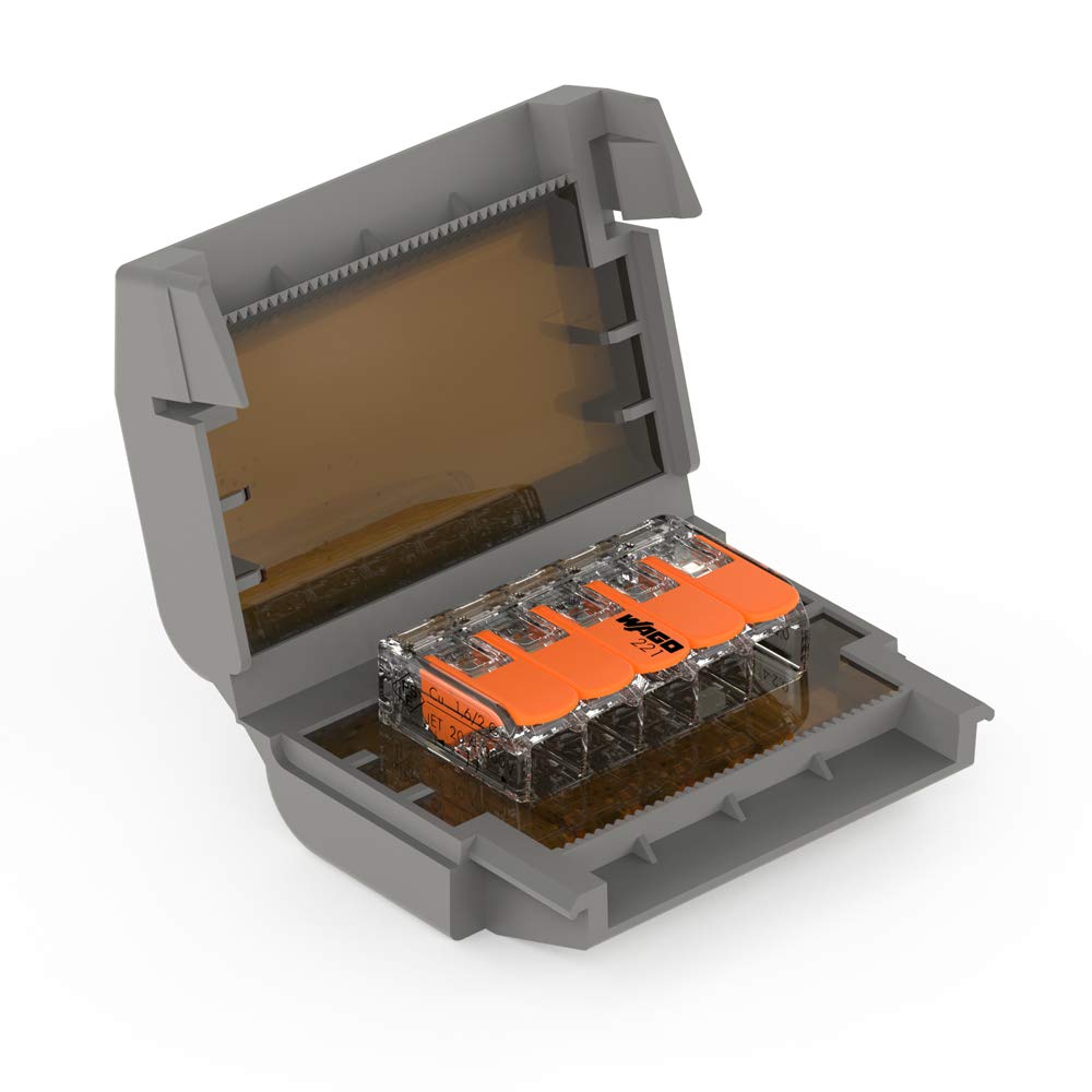The Waterproof Sealing Gelbox for Wago 221 Splicing Lever-Nut Connectors is a gray plastic box with a transparent brown lid, shown open to reveal an orange and clear WAGO connector inside for enhanced moisture protection.