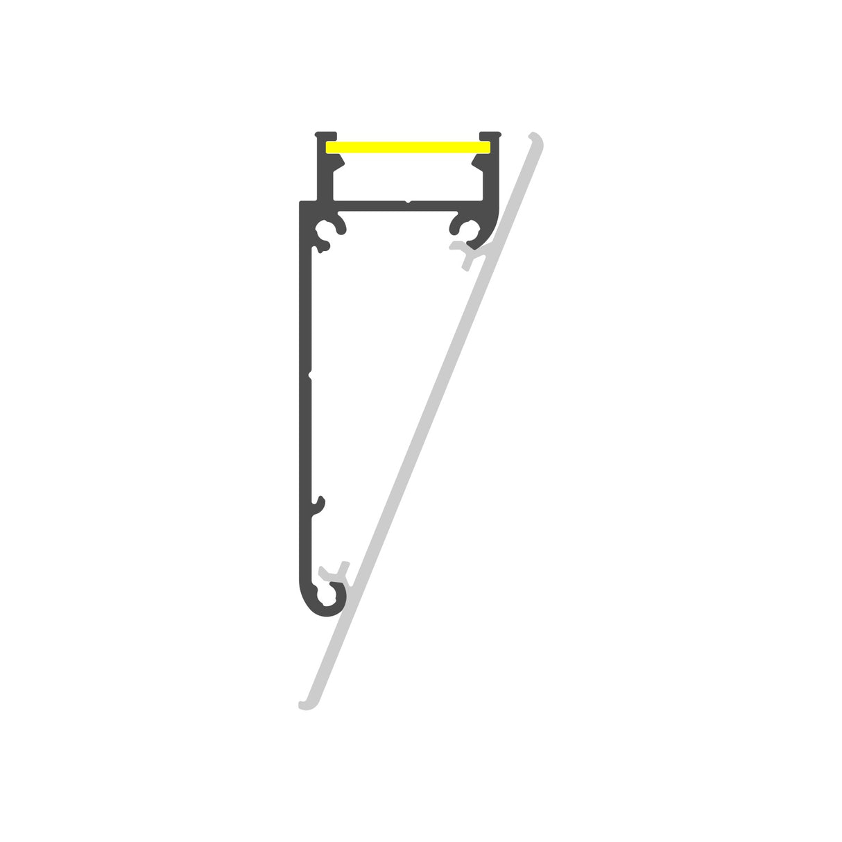 Technical drawing of a vertical black and gray cross-section with a yellow top line, showing the Crown Molding Light LED Channel Model Walle12 for indirect lighting on a white background.