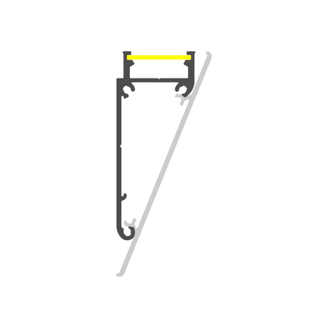 Technical drawing of a vertical black and gray cross-section with a yellow top line, showing the Crown Molding Light LED Channel Model Walle12 for indirect lighting on a white background.