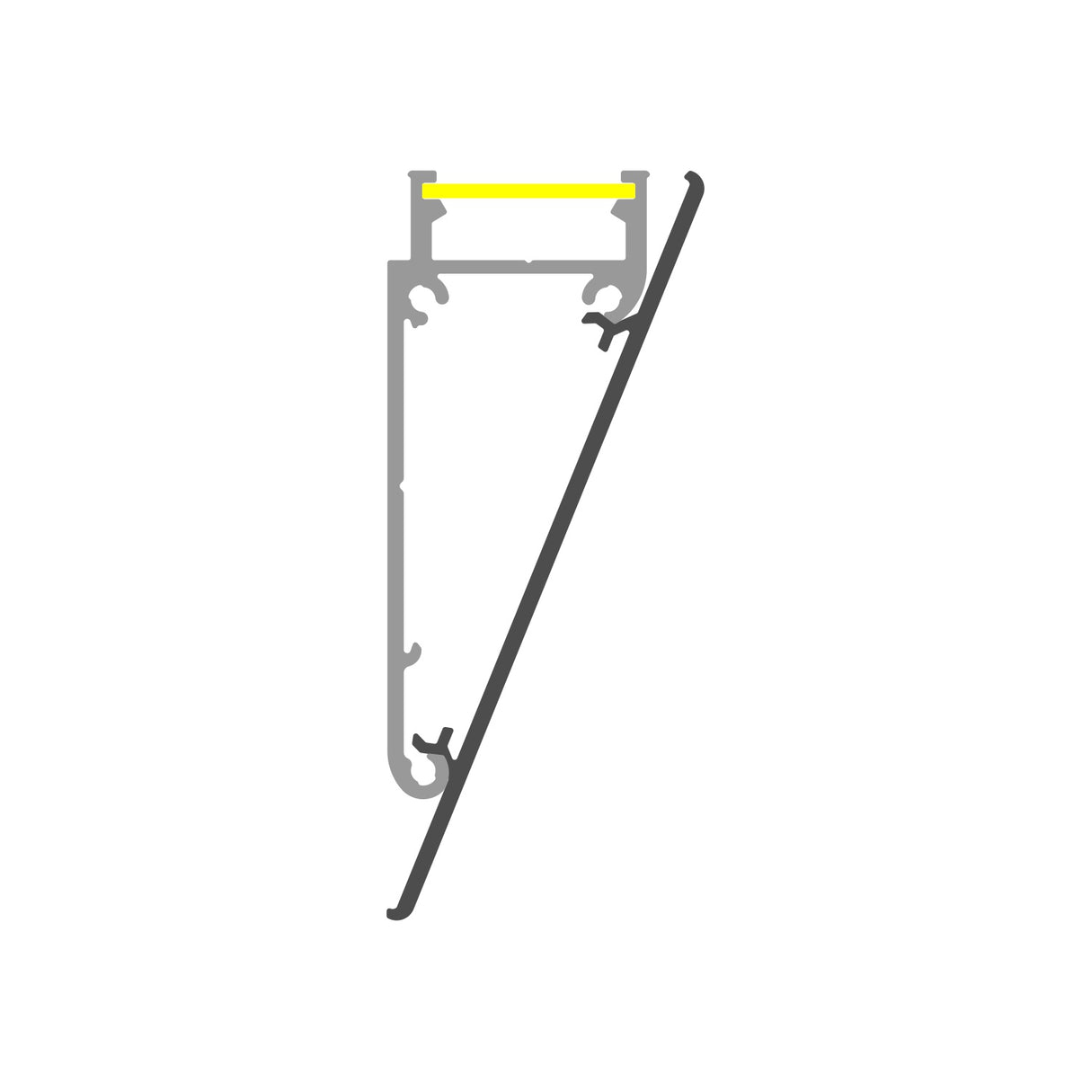 A simple line drawing shows a slanted cross-section of the Crown Molding Light LED Channel ~ Model Walle12: the main shape is gray, with a yellow top line indicating indirect lighting, and a diagonal gray line at the bottom right.