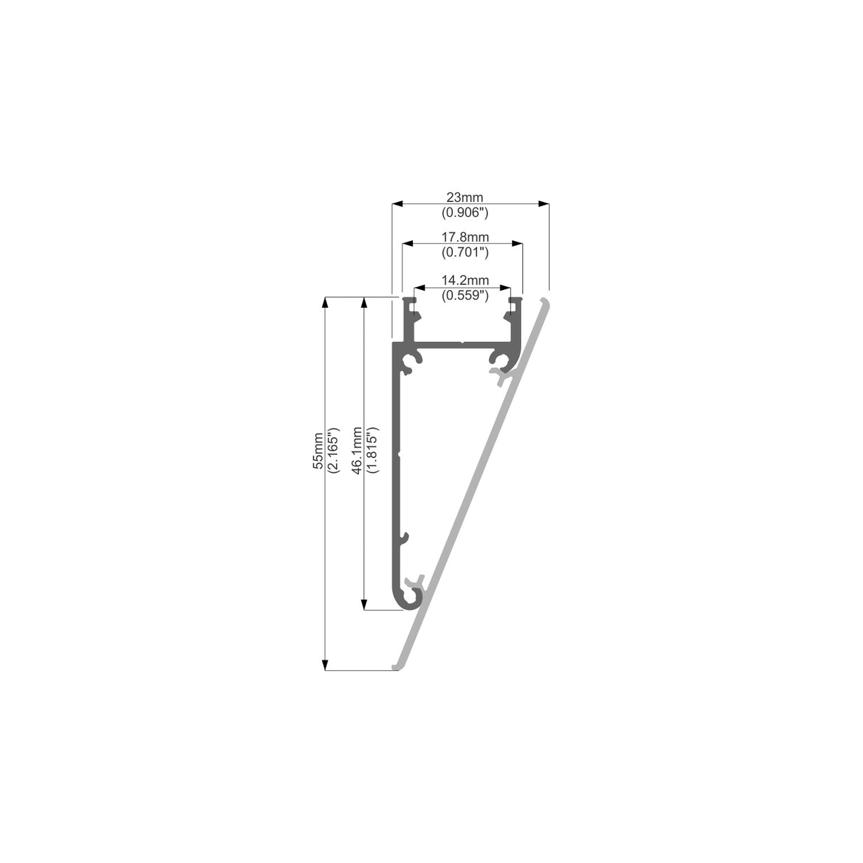 Side view technical drawing of the Crown Molding Light LED Channel ~ Model Walle12, showing measurements: 50.8mm tall, 23mm wide at the top, 17.8mm mid-width, and 14.2mm base width.