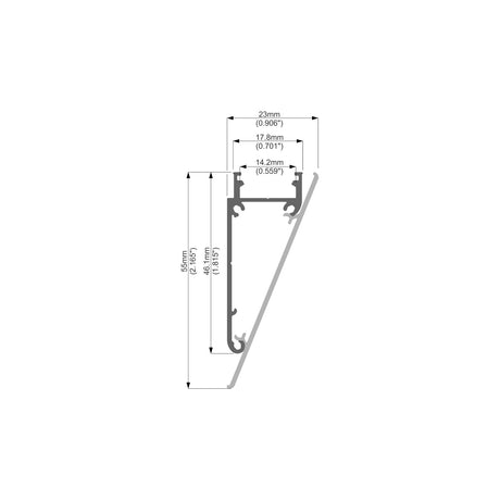 Side view technical drawing of the Crown Molding Light LED Channel ~ Model Walle12, showing measurements: 50.8mm tall, 23mm wide at the top, 17.8mm mid-width, and 14.2mm base width.