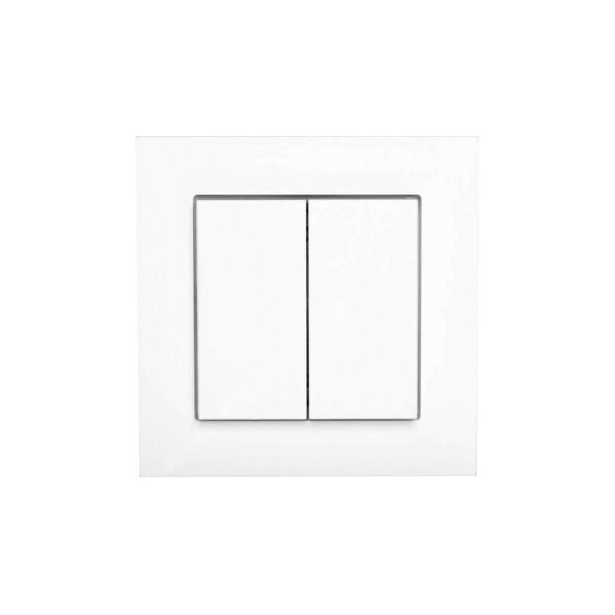The Battery Free Casambi Wall Switch 55, a modern white Bluetooth switch with two side-by-side rectangular rocker buttons in a square frame, is mounted on a plain white wall.