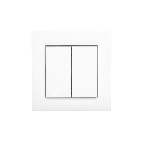 The Battery Free Casambi Wall Switch 55, a modern white Bluetooth switch with two side-by-side rectangular rocker buttons in a square frame, is mounted on a plain white wall.
