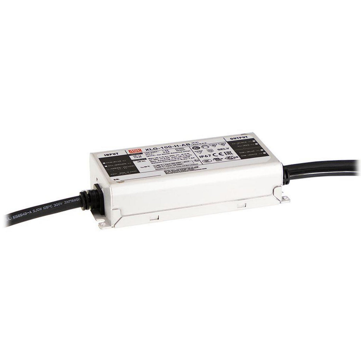 The Compact IP67 Waterproof LED Driver (12V) from the Meanwell XLG Series is a rectangular white unit with black cables at each end and top label specs, designed for versatile LED lighting applications.