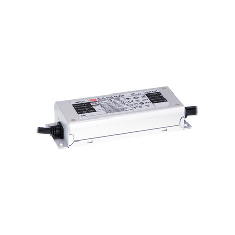 The Compact IP67 Waterproof LED Driver (12V) from the Meanwell XLG Series features input/output cables, technical specs, and certification logos—ideal as a waterproof LED power supply for various applications.