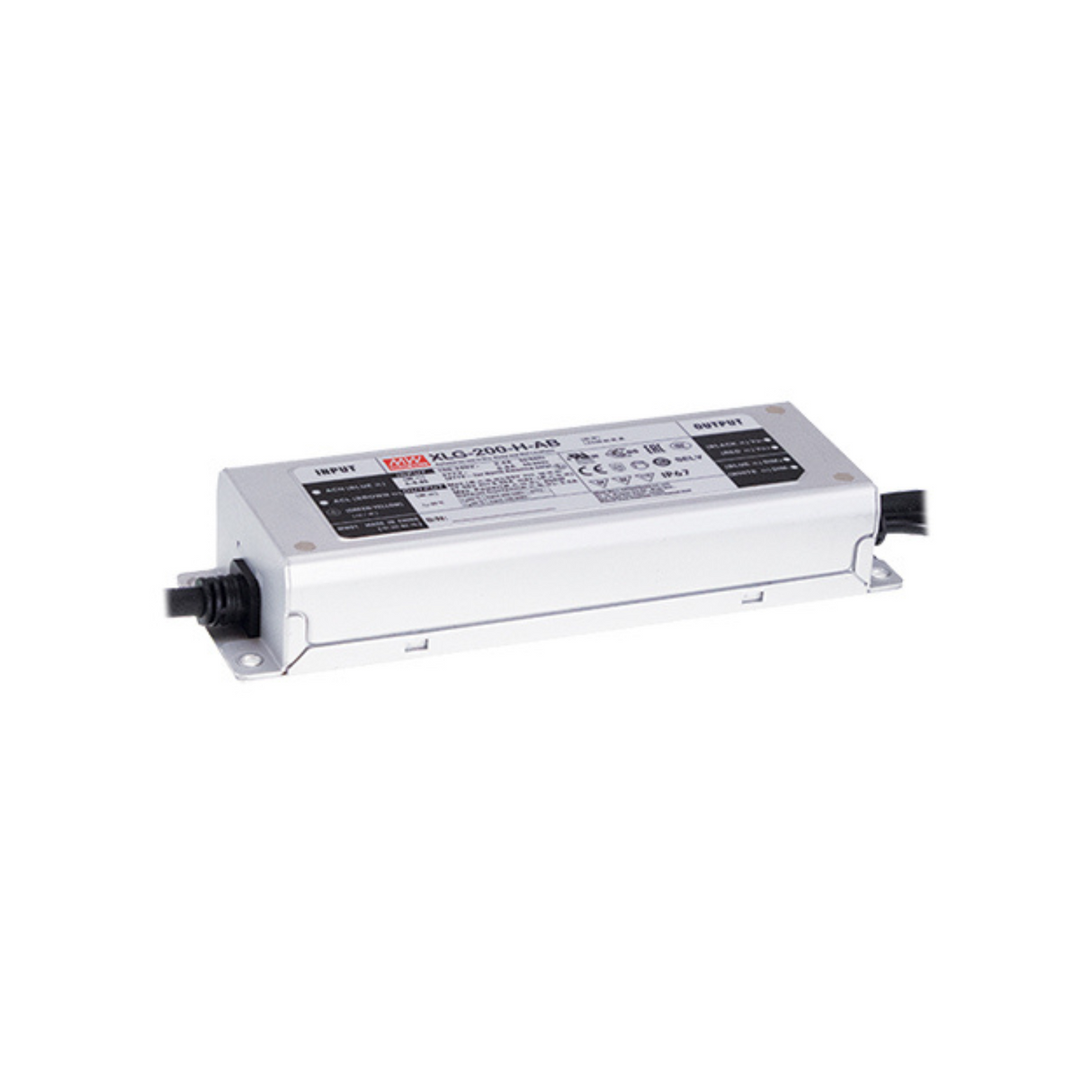 Compact rectangular white LED driver with black input/output cables and mounting brackets. The top lists specs and the Meanwell XLG Series model—ideal as a 12V Compact IP67 Waterproof LED power supply.