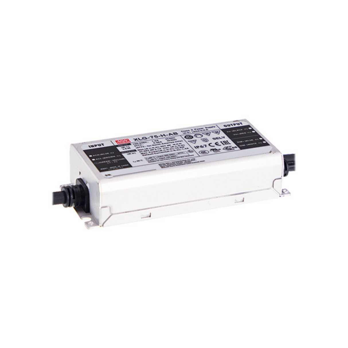 The Compact IP67 Waterproof LED Driver (12V) ~ Meanwell XLG Series features a rectangular metal housing, labeled input/output ports, and a top-mounted specs label with certifications—ideal for various LED lighting setups.