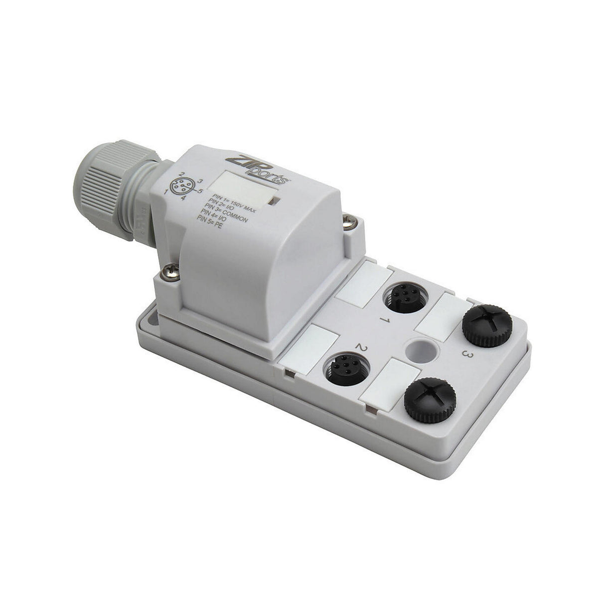 The ZipPort JBH Series Waterproof Junction Block for RGBW LED Lights features four black circular ports, a cable gland, and IP67 protection, making it ideal for industrial electrical connections.