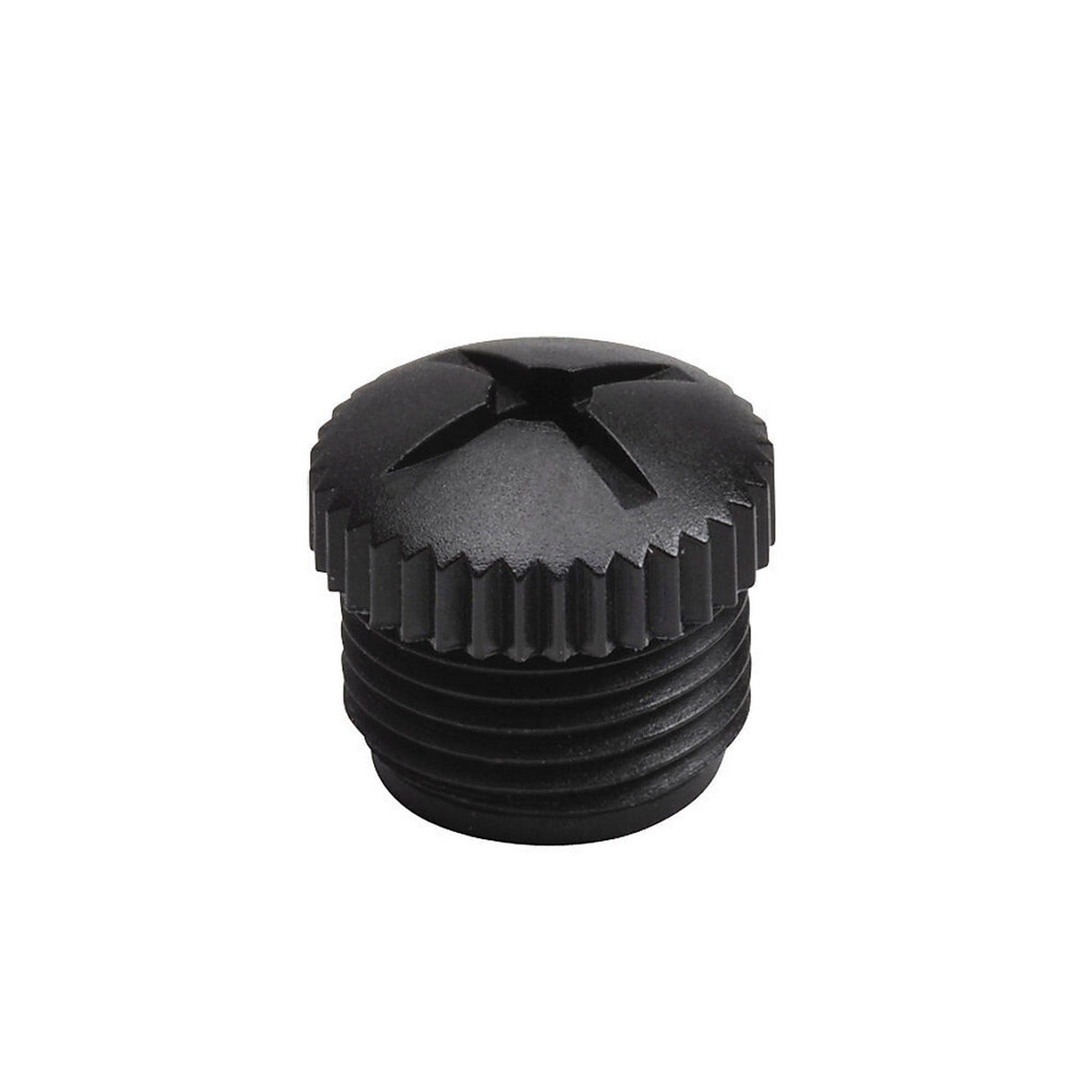 The Port Cap for ZipPort JBH Junction Block is a black plastic, slotted screw plug with a cross-shaped groove and threaded sides, designed to securely seal or cover holes while maintaining optimal waterproof protection.