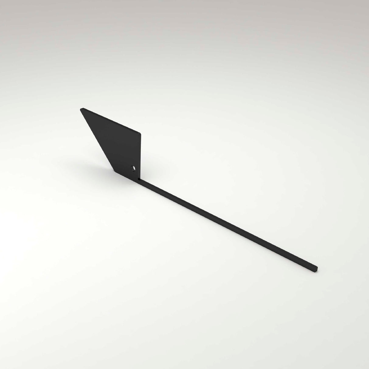 A black metal End Cap for Bonn Profile, with a long thin rod attached perpendicularly to a flat triangular plate, is displayed on a plain white surface.