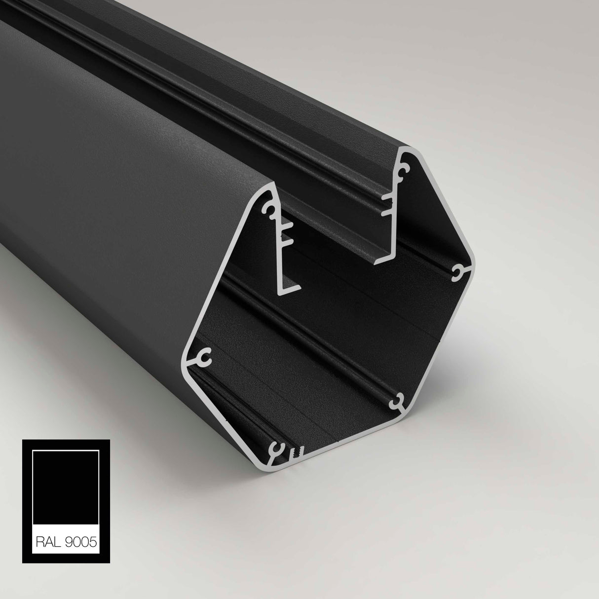 The Precoated LED Hexagon Light Channel ~ Model Paco, a black metal hexagonal extrusion with internal channels and mounting slots, is shown on a light gray background; an inset highlights the RAL 9005 black color swatch and label.