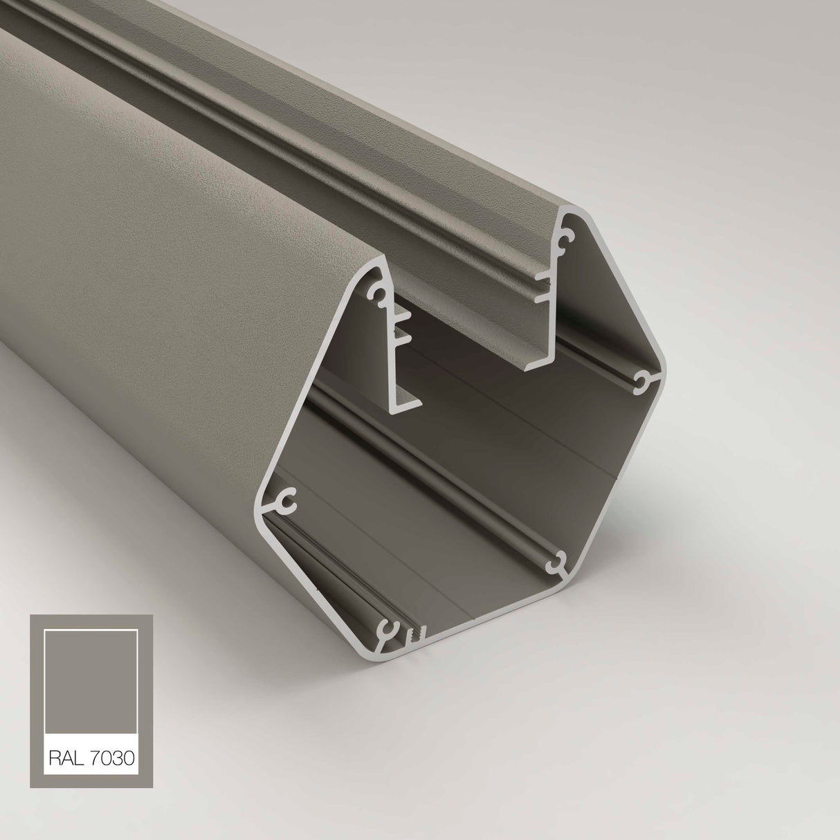 The Precoated LED Hexagon Light Channel ~ Model Paco is a matte grey (RAL 7030) metal extrusion profile with grooves for architectural lighting. A matching color swatch is shown in the bottom left corner.