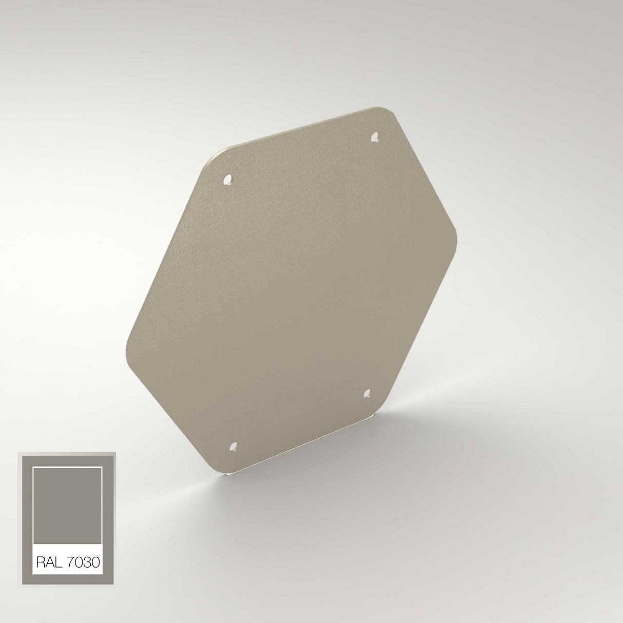 The End Cap for Paco Profile, hexagonal and aluminum with four corner holes, stands upright on a light surface. In the lower left corner is a RAL 7030 color swatch showing its warm grey shade.