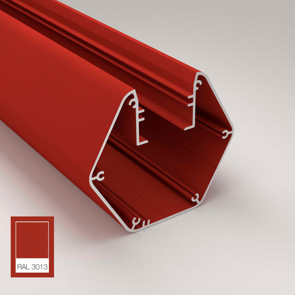 The Precoated LED Hexagon Light Channel (Model Paco) is shown in red aluminum with interior grooves on a light background, ideal for architectural lighting. A RAL 3013 swatch at the bottom left highlights its Paco Precoated finish.