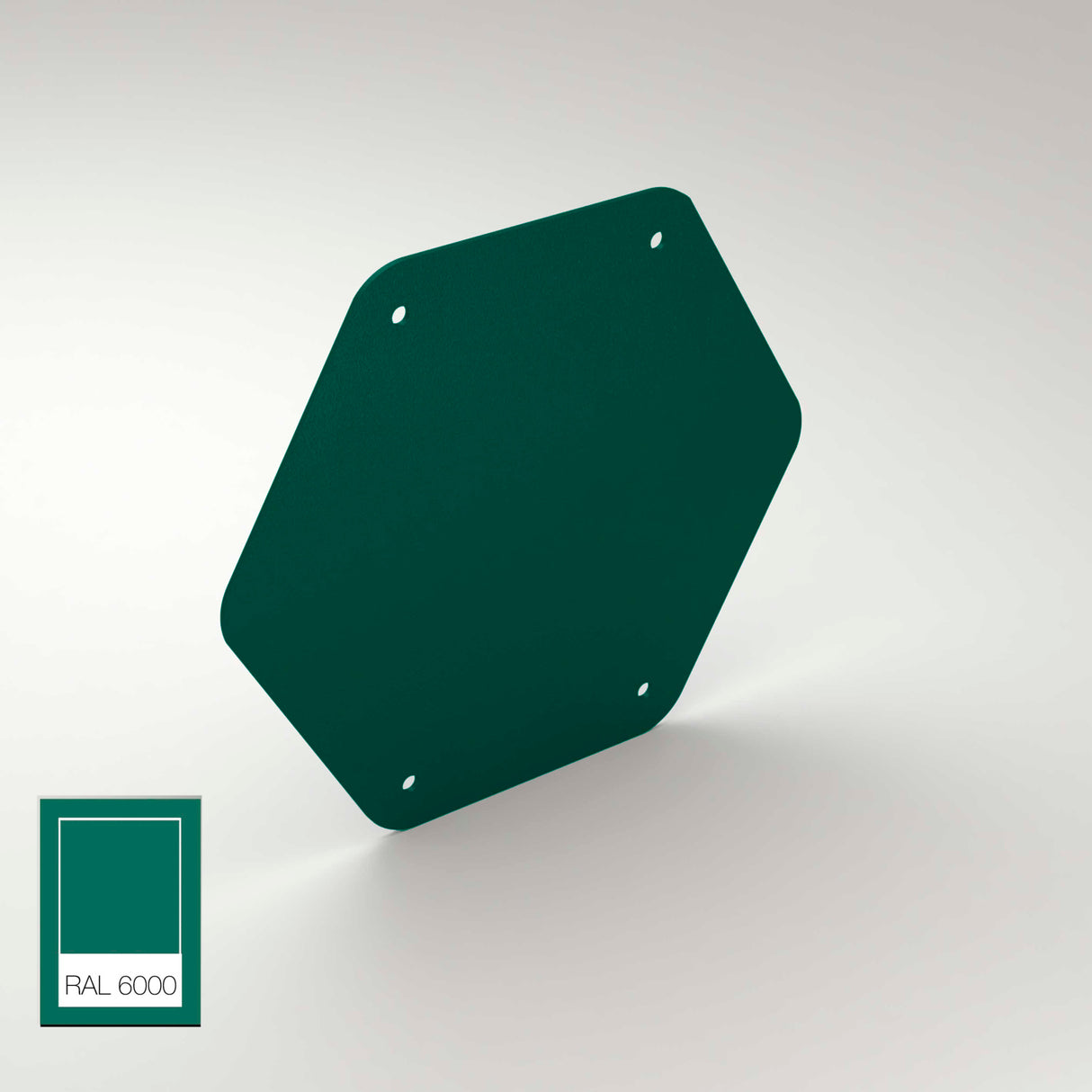 A flat, hexagonal green aluminum End Cap for Paco Profile with four corner holes is shown at an angle. A color swatch labeled RAL 6000 appears in the lower left corner, matching the End Caps color.