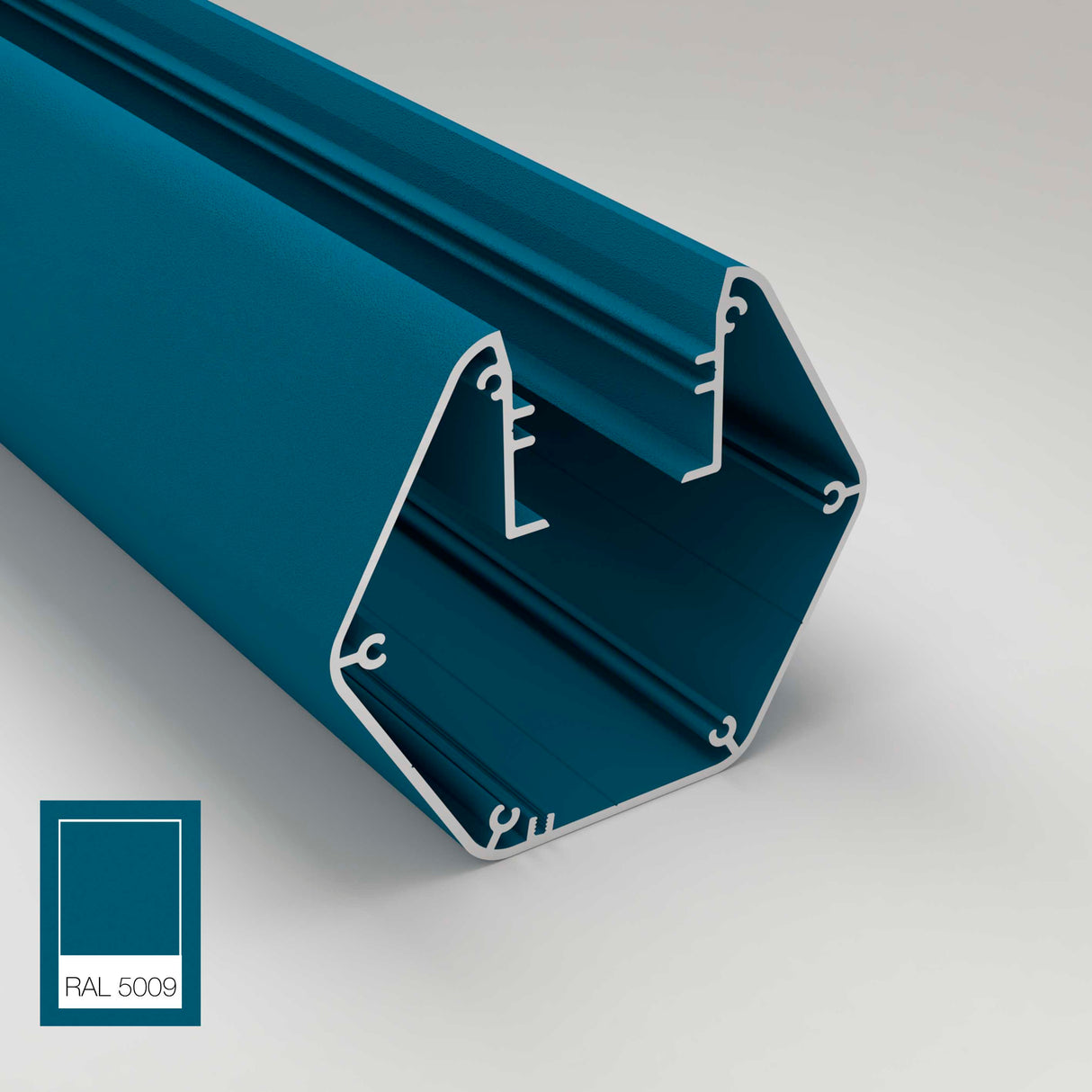 A Precoated LED Hexagon Light Channel ~ Model Paco in teal, featuring multiple interior channels, is displayed on a light background. Ideal for architectural lighting. A RAL 5009 color swatch appears in the bottom left corner.