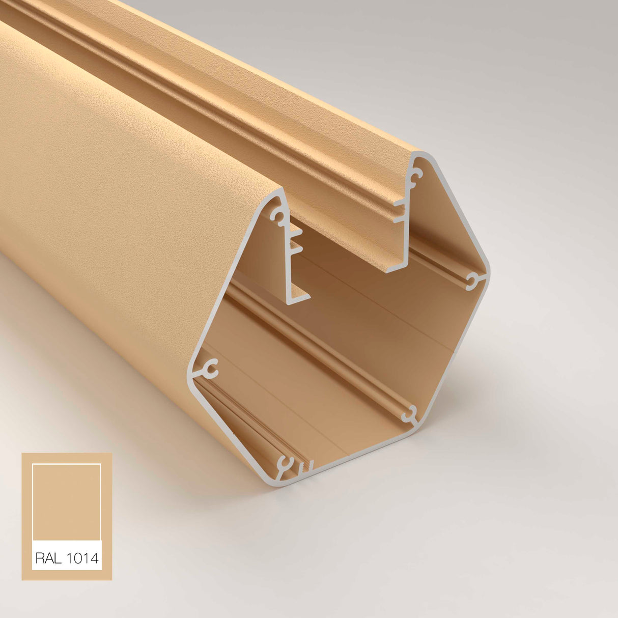 The Precoated LED Hexagon Light Channel ~ Model Paco is displayed on a light background with white edges and a gold finish. A RAL 1014 color swatch appears in the lower left corner, highlighting its suitability for architectural lighting.