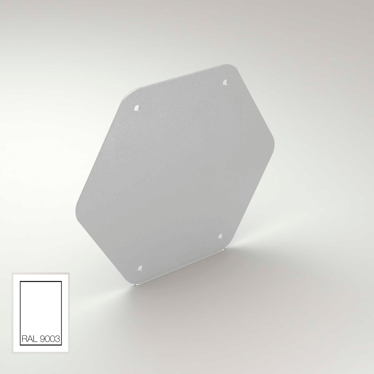 A light gray, hexagonal End Cap for Paco Profile with four corner holes floats against a neutral background. In the bottom left, a small box labeled RAL 9003 displays a white color swatch.