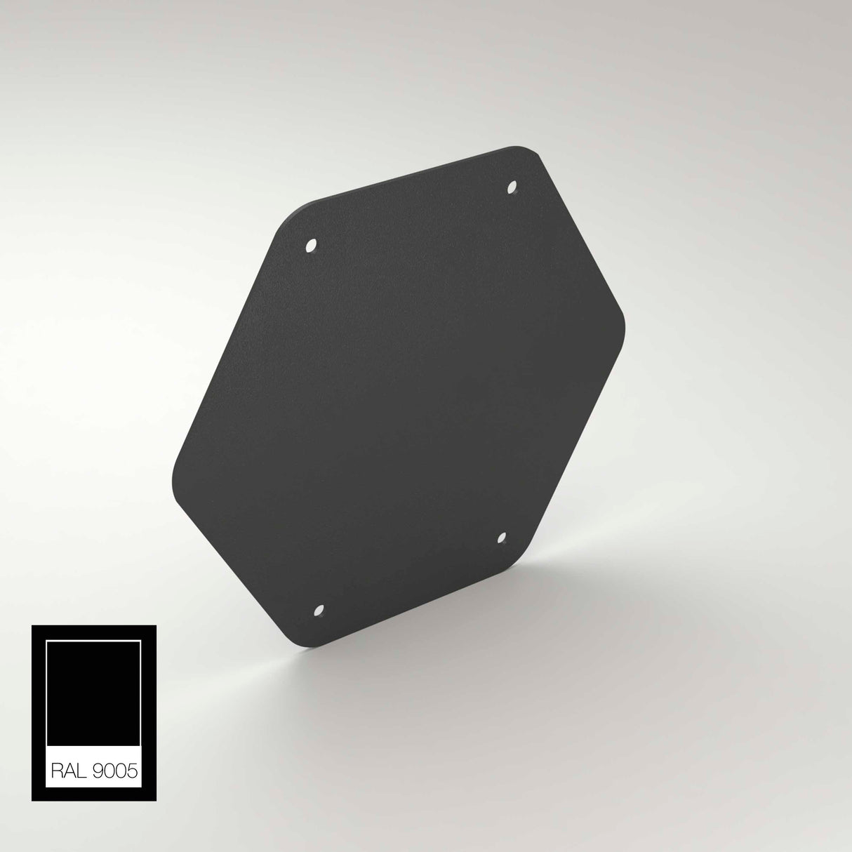 The End Cap for Paco Profile is a hexagonal black aluminum plate with four corner holes, shown floating on a light background. A RAL 9005 color swatch at the bottom left indicates the product’s color.